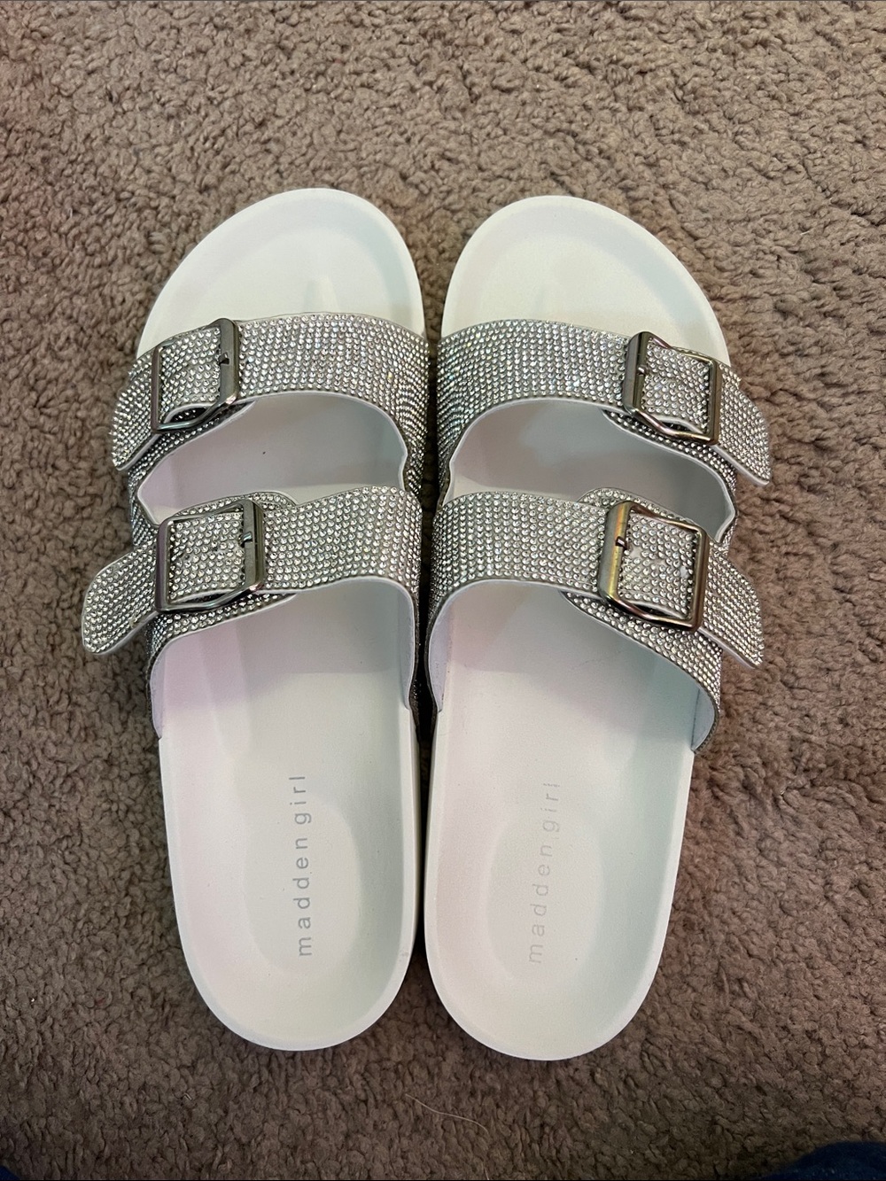 Madden Girl White Footbed Silver Crystal Double-Strap Slide Sandals